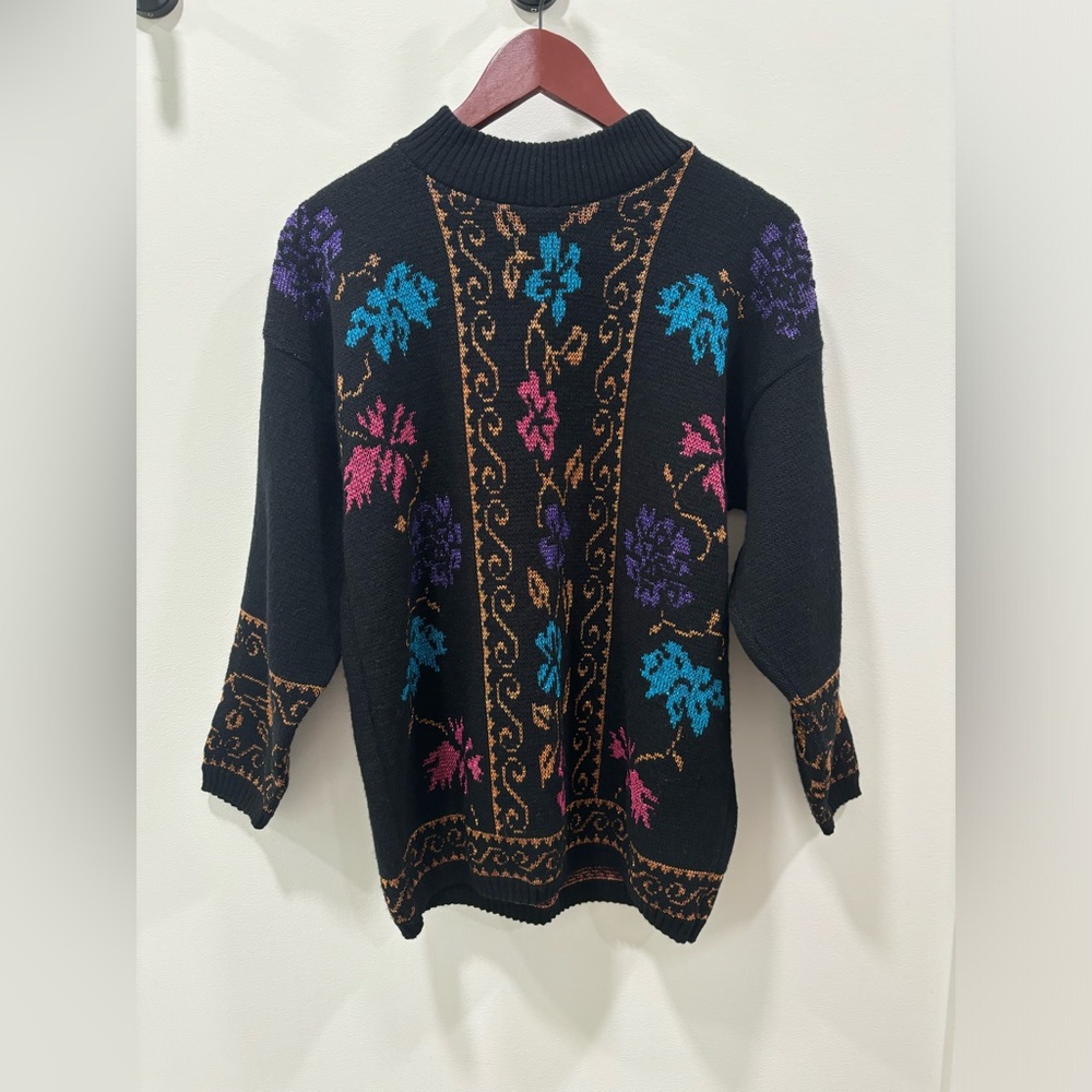 Vintage Dana Scott Knit Sweater Size Medium Floral Pullover 1980s Colorful